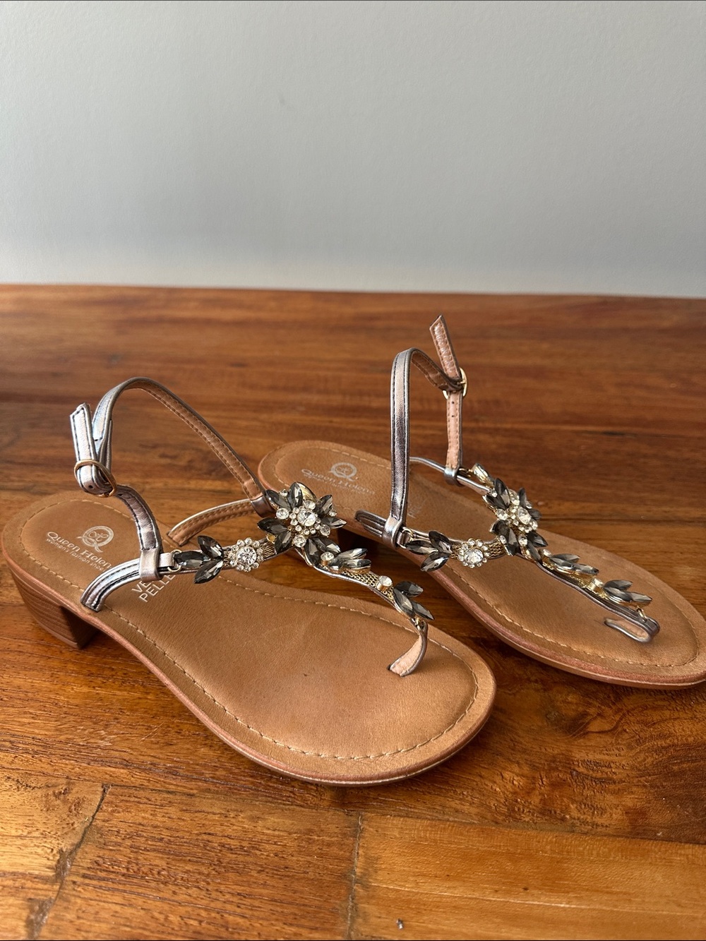 Metallic Pewter Floral Crystal T-Strap Sandals